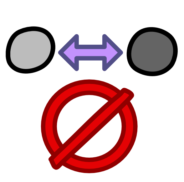  two grey circles one lighter than the other have a purple double sided arrow between them. Below is a red forbidden sign